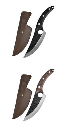 Shopi Vella hand forged boning knife with curved blade and leather sheath in black and wood handles