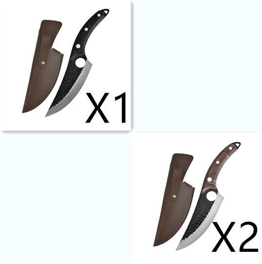 Shopi Vella hand forged boning knife with hammered blade and ergonomic handle with brown leather sheath