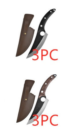 Shopi Vella hand forged boning knife with textured blade and wooden handle with leather sheath set