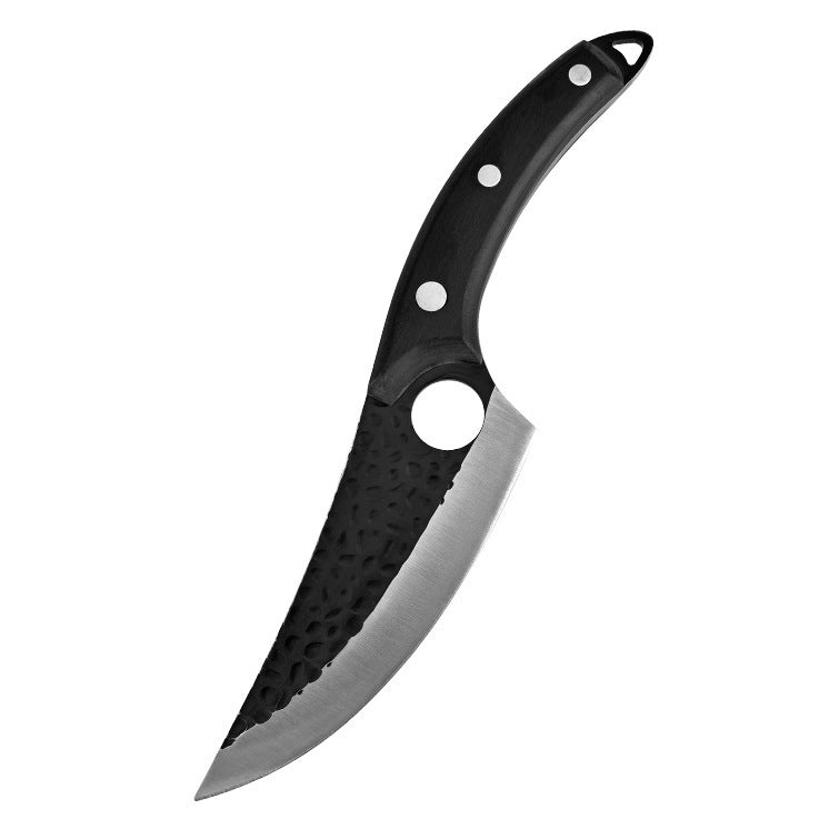 Shopi Vella hand forged boning knife with black textured handle and sharp curved blade for precise meat cutting