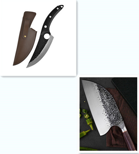 Shopi Vella hand forged boning knife with black handle and protective leather sheath