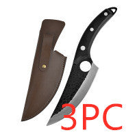 Shopi Vella hand forged boning knife with curved blade and protective brown leather sheath