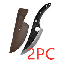 Shopi Vella hand forged boning knife with curved blade and black handle with leather sheath 2PC set