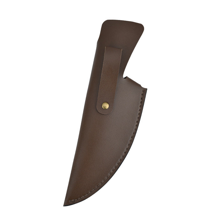 Leather sheath for hand forged boning knife with secure strap and brass button