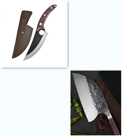 Shopi Vella hand forged boning knife with hammered blade and wooden handle with leather sheath