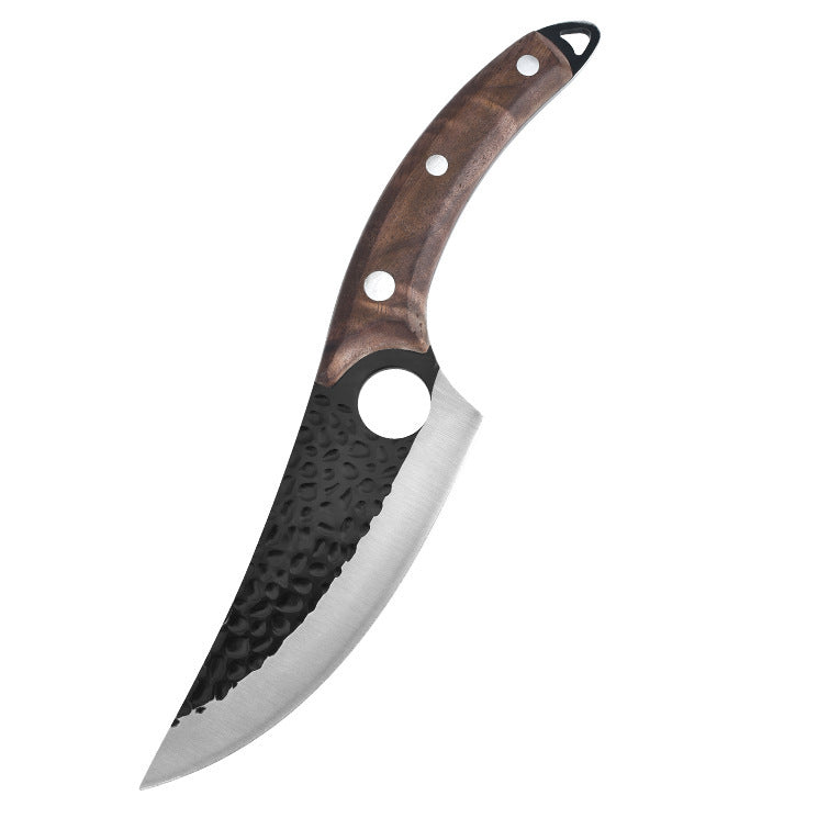 Shopi Vella hand forged boning knife with hammered black blade and wooden handle