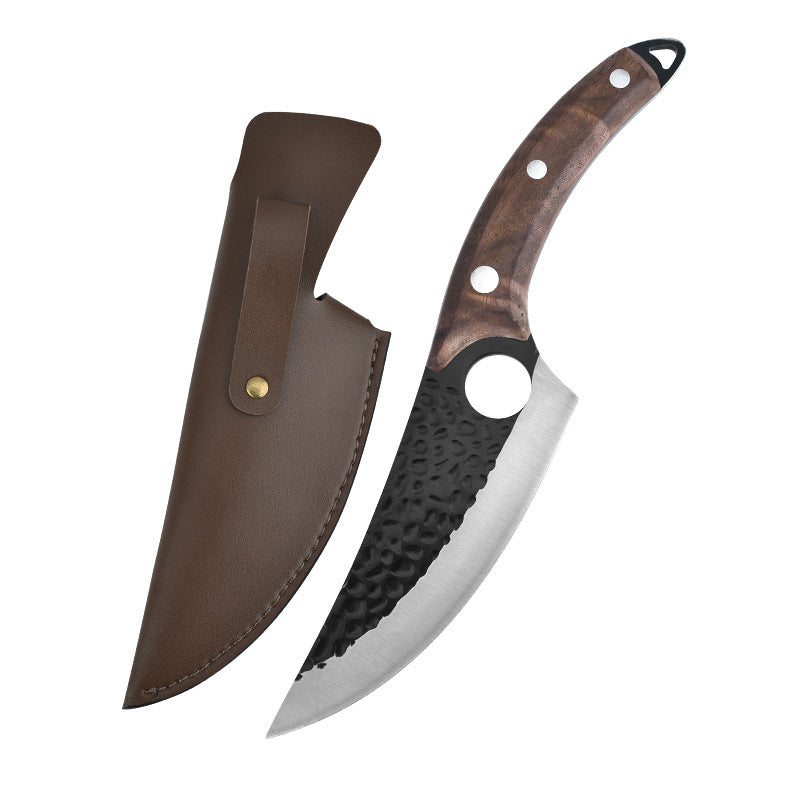 Shopi Vella hand forged boning knife with hammered blade and wooden handle with brown leather sheath