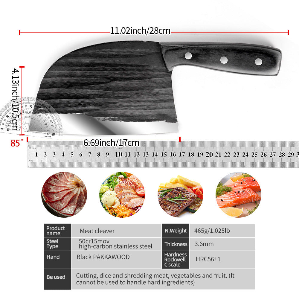 Shopi Vella hand-forged kitchen slicing knife with black pakkawood handle and stainless steel blade for cutting and shredding
