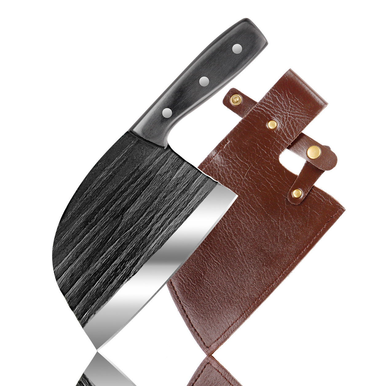 Shopi Vella hand-forged kitchen slicing knife with black wooden handle and brown leather sheath