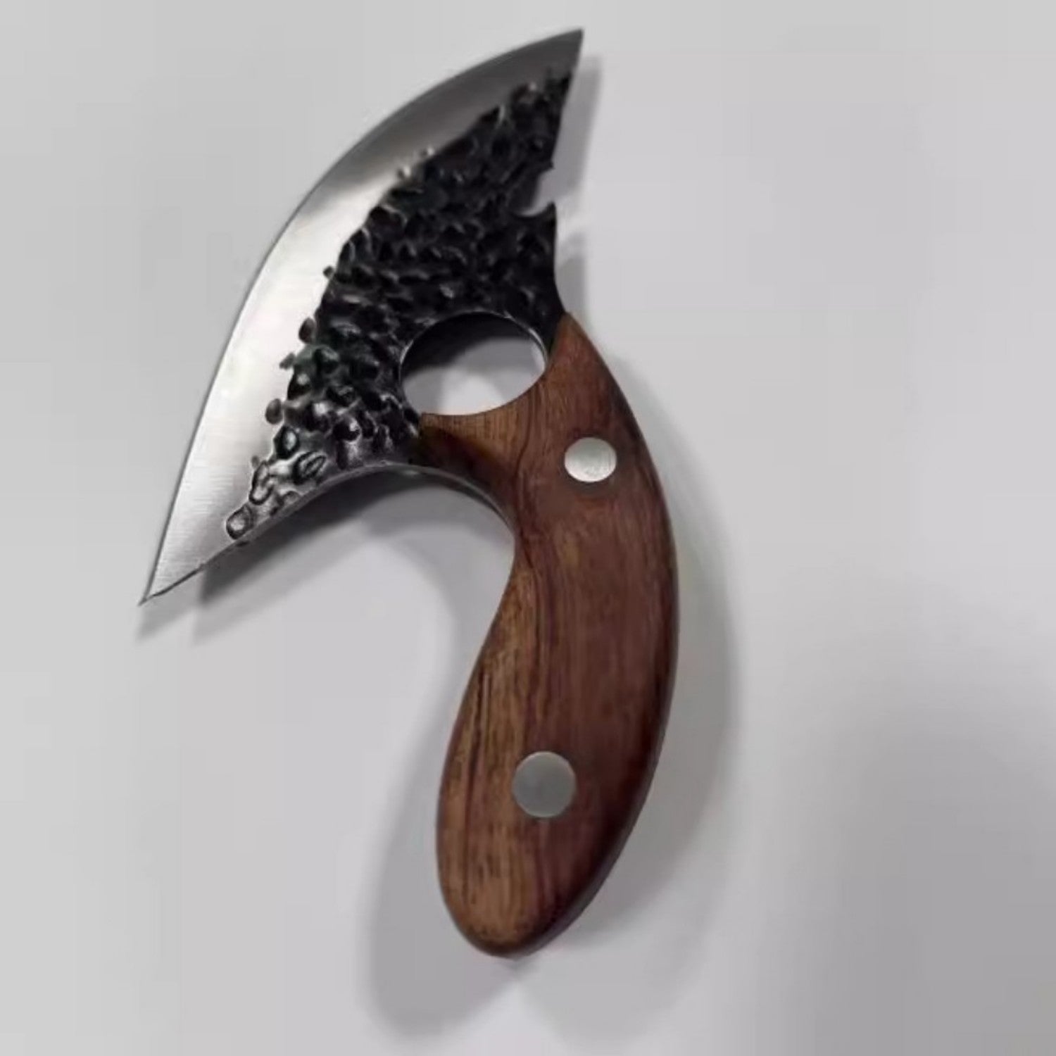Shopi Vella stainless steel chef knife with hammered blade and ergonomic wooden handle for kitchen storage