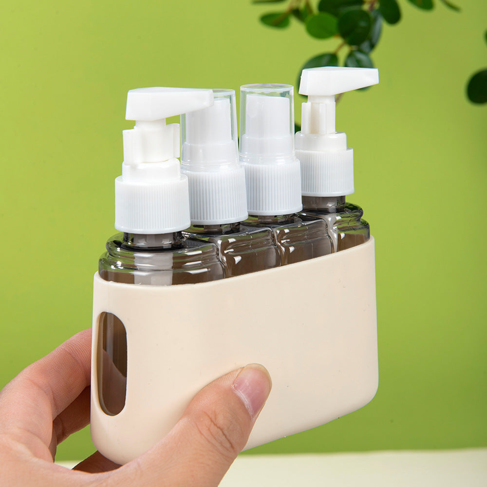 Shopi Vella leak-proof travel lotion containers with pump tops held in beige case for easy portability