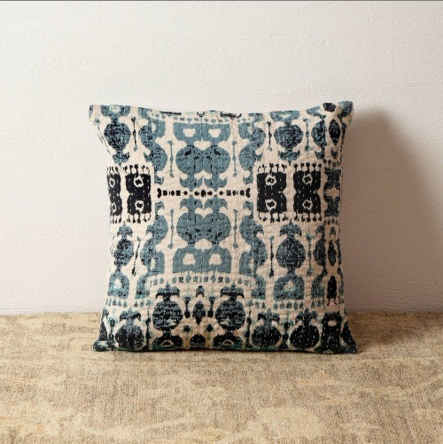 Shopi Vella hand printed decorative pillow case with blue and black intricate pattern on neutral background
