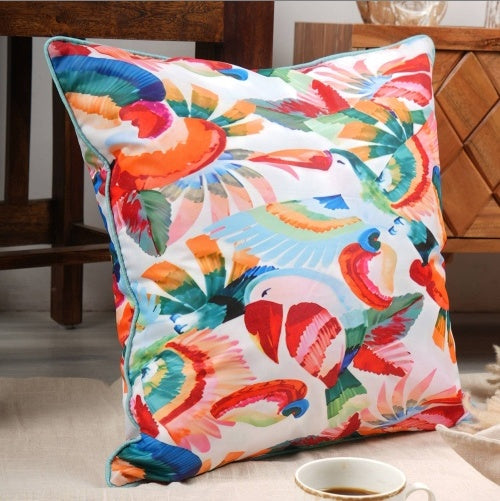 Shopi Vella hand printed decorative pillow case with vibrant multicolor bird design on white background