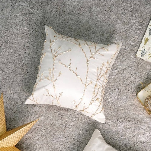 Shopi Vella hand printed decorative pillow case with beige branch design on white fabric