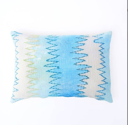 Shopi Vella handcrafted foliage pillow case with blue and green zigzag pattern on white background
