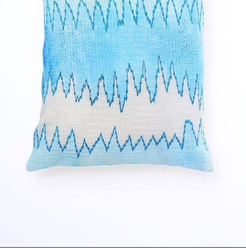 Shopi Vella handcrafted foliage pillow case with blue and white zigzag pattern design