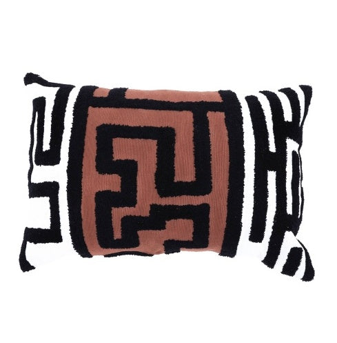 Shopi Vella handcrafted tufted lumbar pillow with black and brown geometric pattern pillow case
