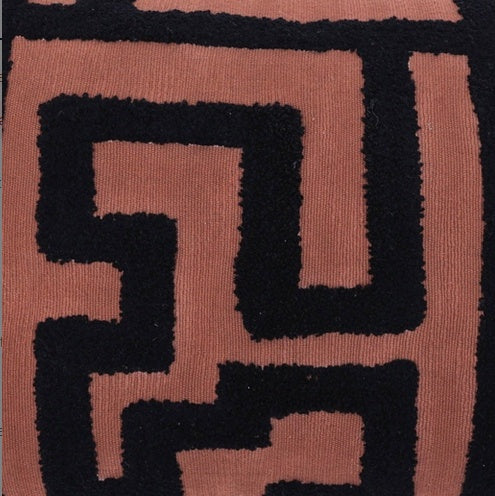 Shopi Vella handcrafted tufted lumbar pillow case with black geometric pattern on brown fabric