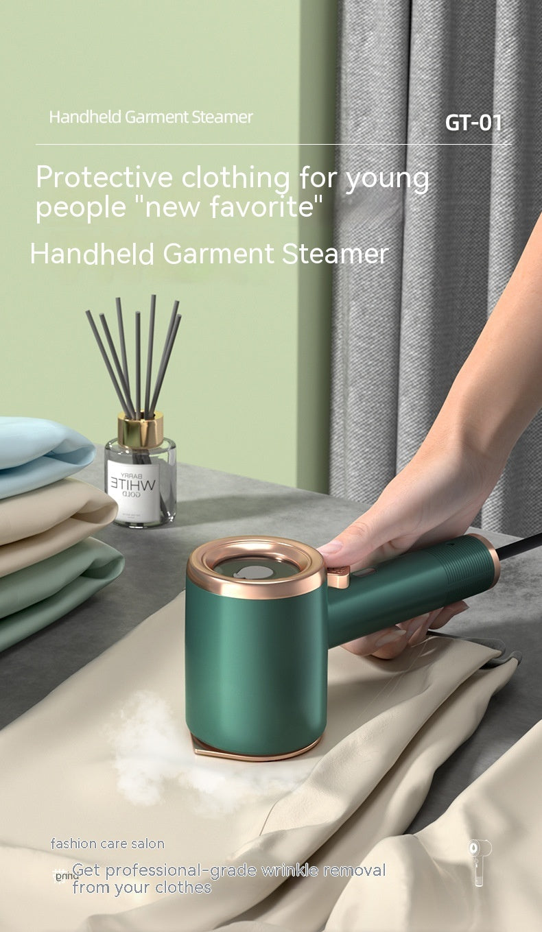Shopi Vella handheld garment steamer in green with travel clothes steamer US plug used on beige fabric