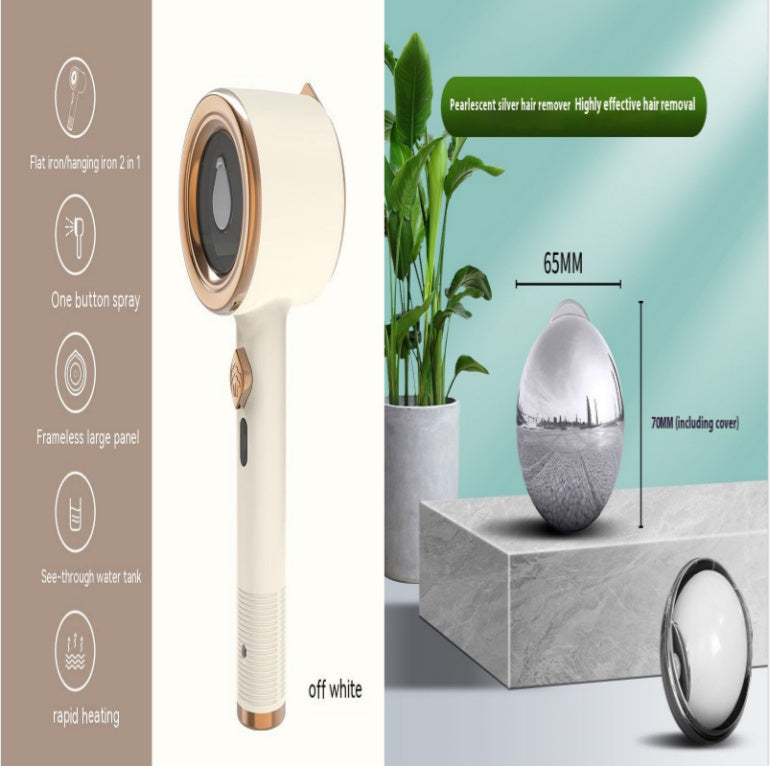 Travel clothes steamer US plug in off white with flat iron hanging and rapid heating features