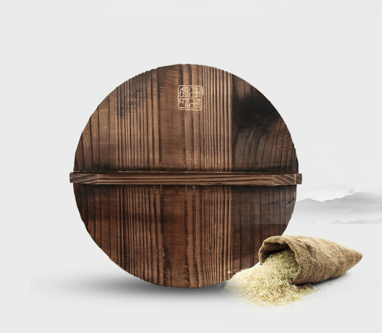 Shopi Vella handmade iron wok wooden lid with rustic finish and spilled rice sack