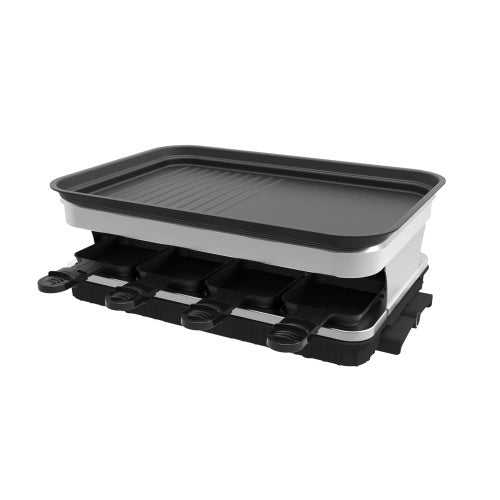 Shopi Vella black and silver raclette grill for 8 people with non-stick cooking surface and individual pans