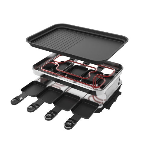 Shopi Vella raclette grill for 8 people with nonstick top plate and individual melting pans