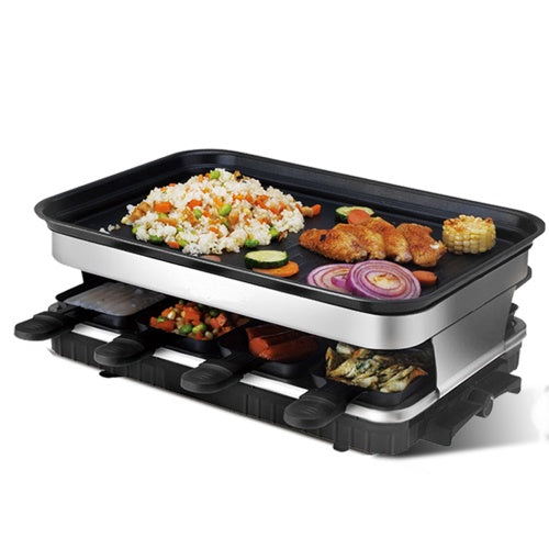 Shopi Vella raclette grill for 8 people with nonstick cooking surface and multiple pans for grilling and melting