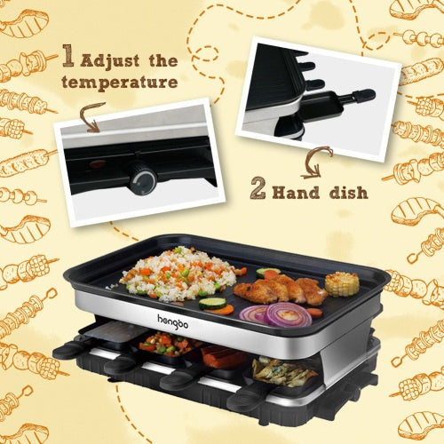 Shopi Vella raclette grill for 8 people with adjustable temperature knob and hand dish handles