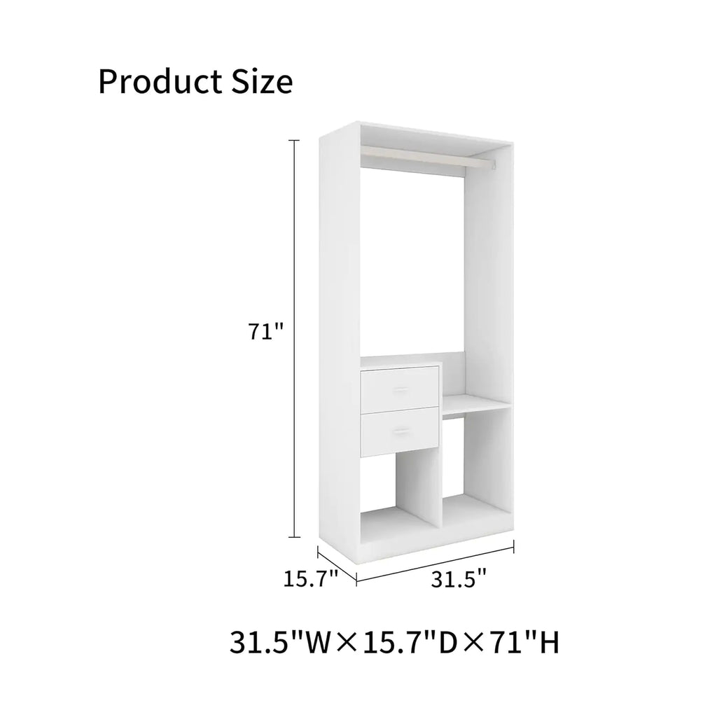 White hanging rod closet organizer for bedroom with drawers and shelves measuring 31.5 by 15.7 by 71 inches