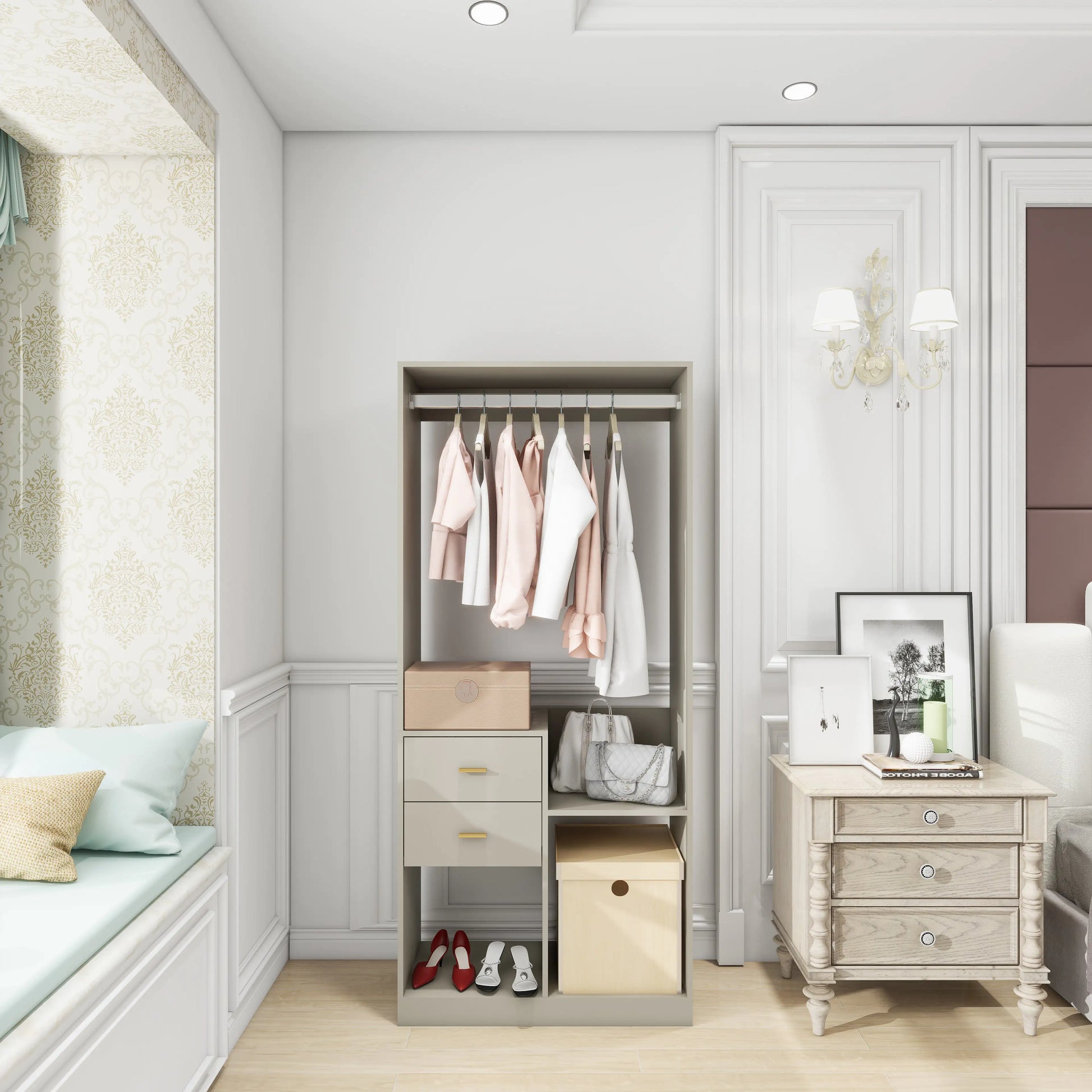 Modern hanging rod closet organizer for bedroom with clothes, drawers, and storage boxes in a stylish white room