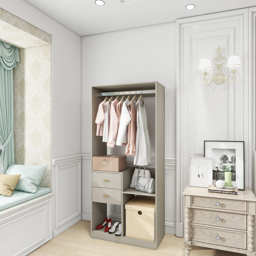 Hanging rod closet organizer for bedroom with shelves, drawers, and hanging space holding clothes and accessories