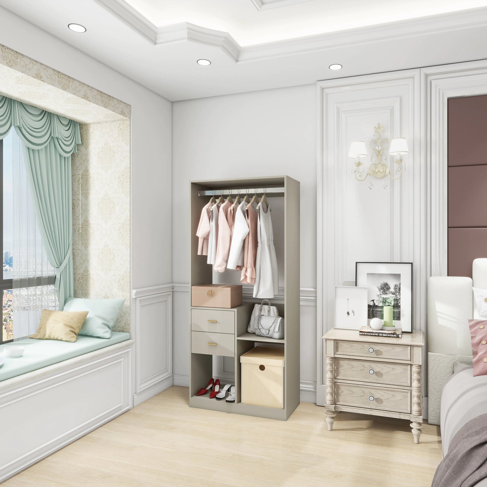 Modern hanging rod closet organizer for bedroom with hanging clothes, drawers, and storage boxes in stylish bedroom