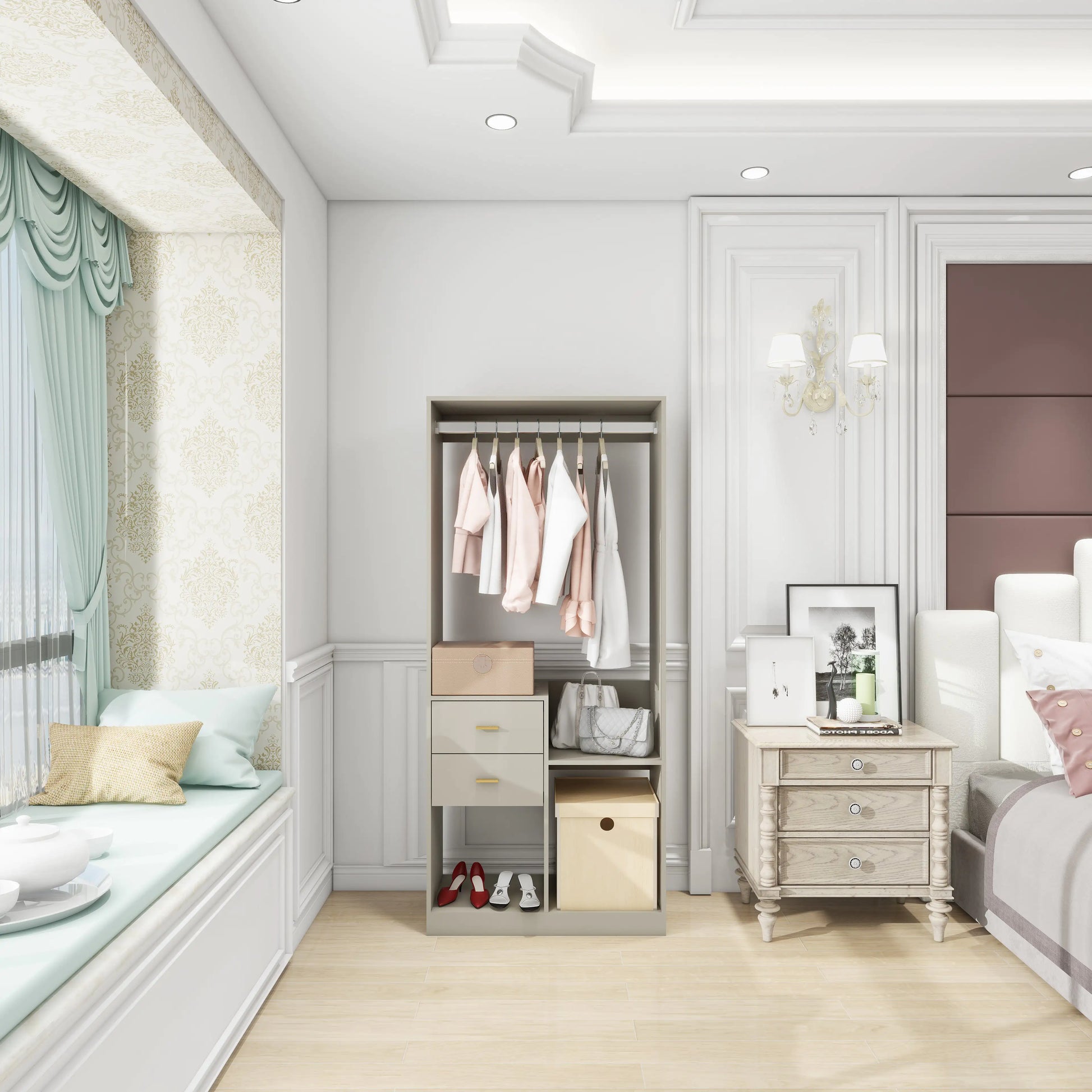 Modern hanging rod closet organizer for bedroom with clothes, drawers, and storage boxes in elegant bedroom