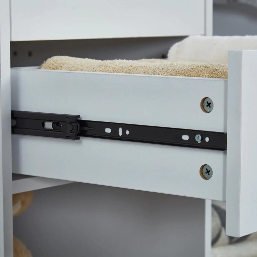 Close-up view of drawer slide mechanism in white wooden closet organizer with hanging rod closet organizer for bedroom