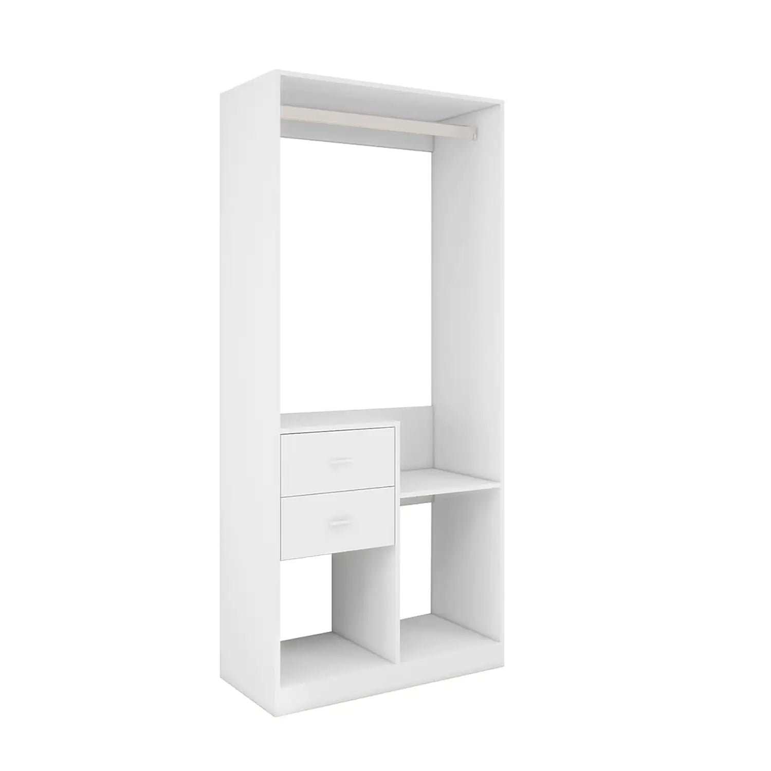 White hanging rod closet organizer for bedroom with drawers and open shelving for storage