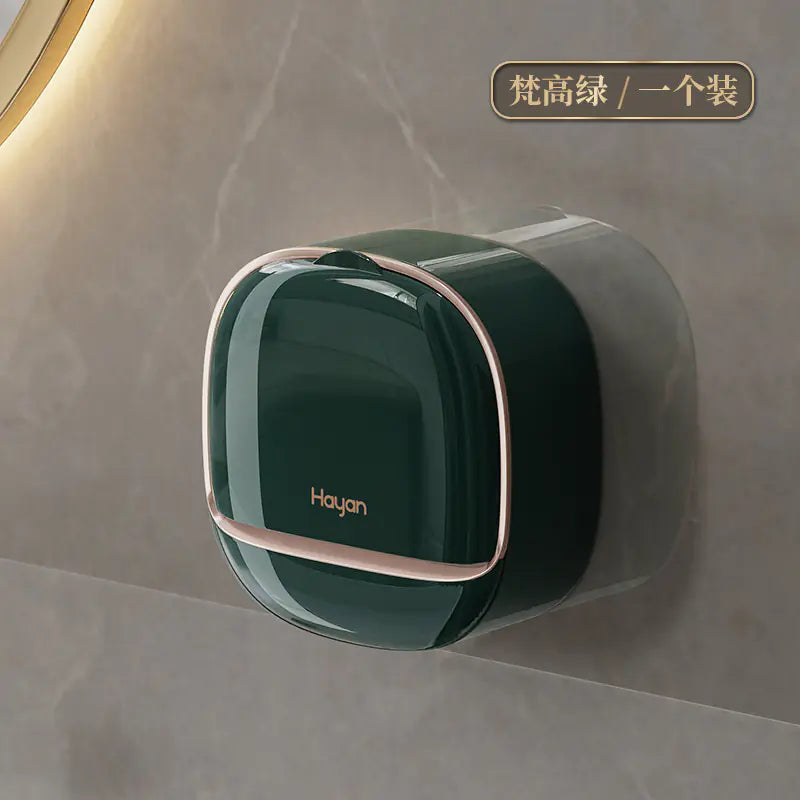 Compact wall mounted soap dish in dark green with metallic trim for bathroom organization