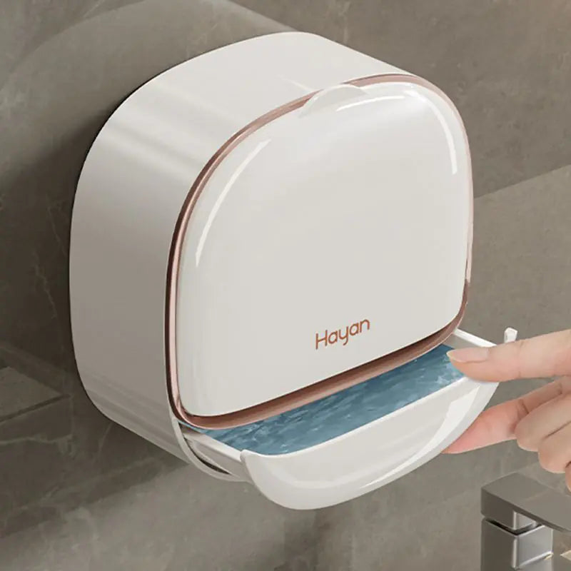White wall mounted soap dish with flip cover installed on bathroom wall showing open lid
