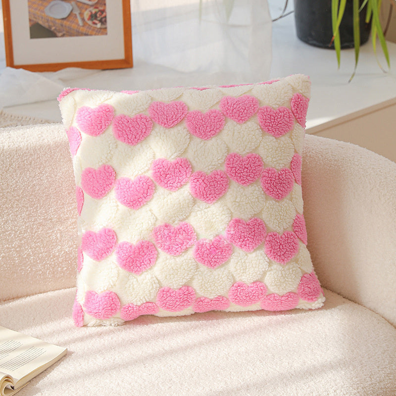 Shopi Vella heart decorative cushion covers 18x18 with pink hearts on white fluffy fabric