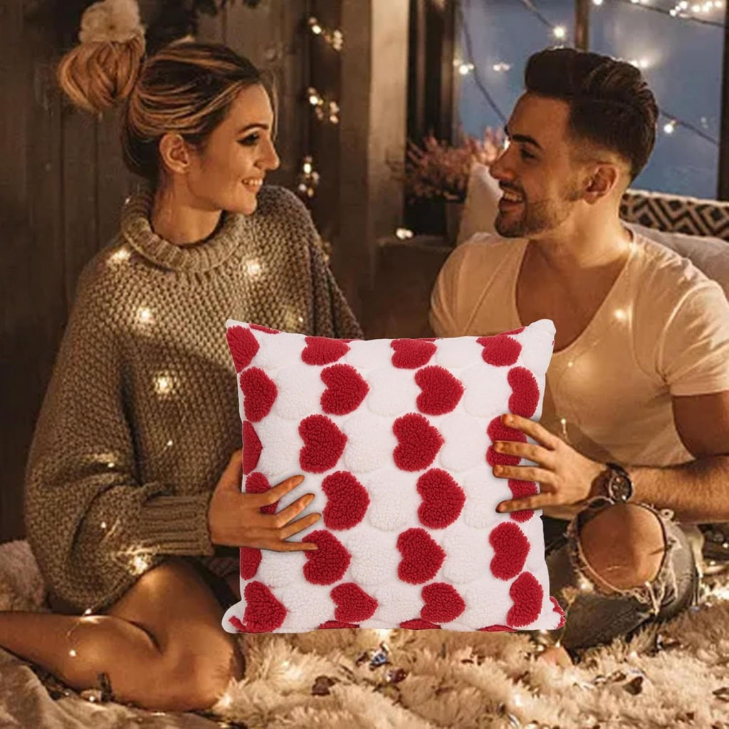 Heart decorative cushion covers 18x18 with red hearts on white background shown in cozy living room setting
