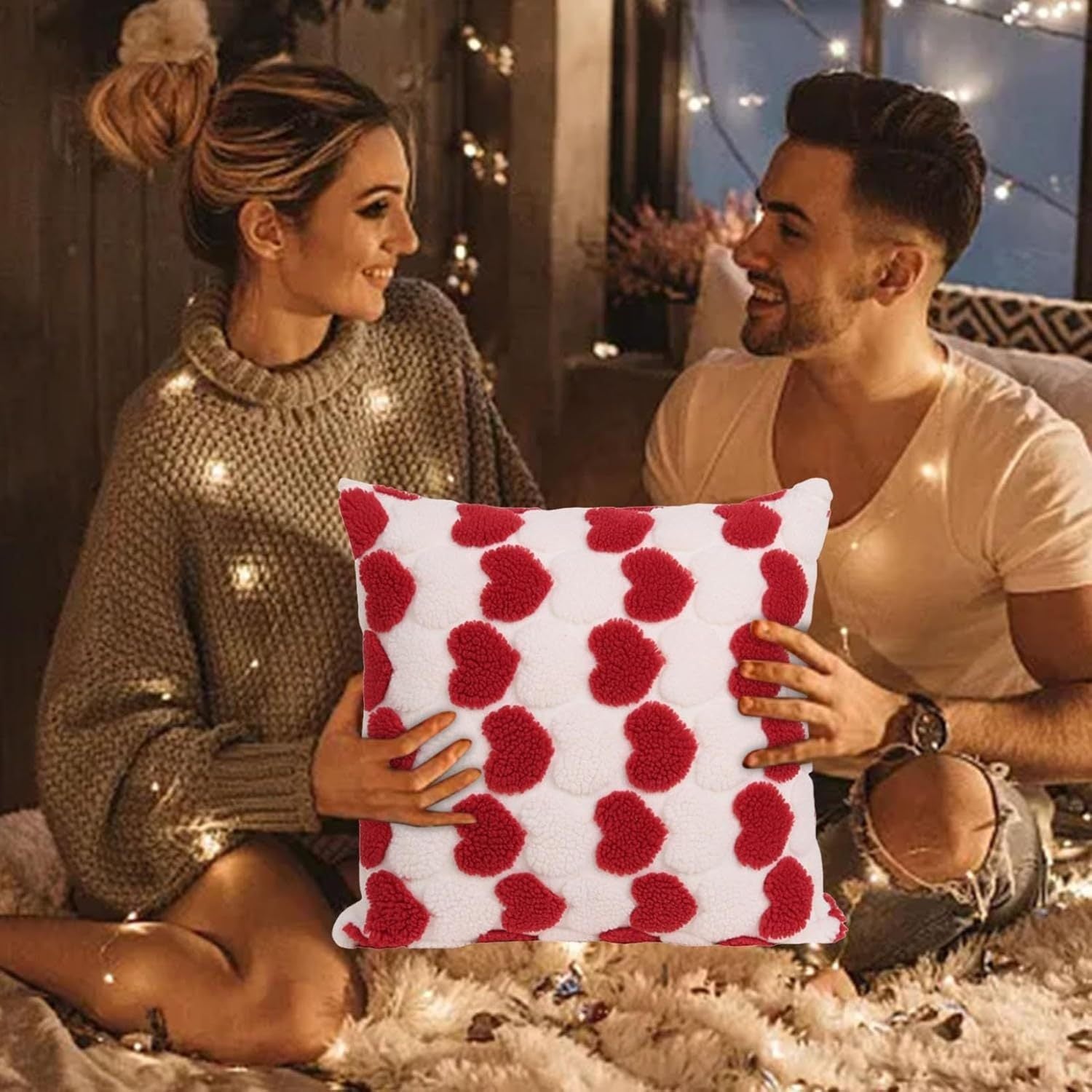 Heart decorative cushion covers 18x18 with red hearts on white background shown in cozy living room setting