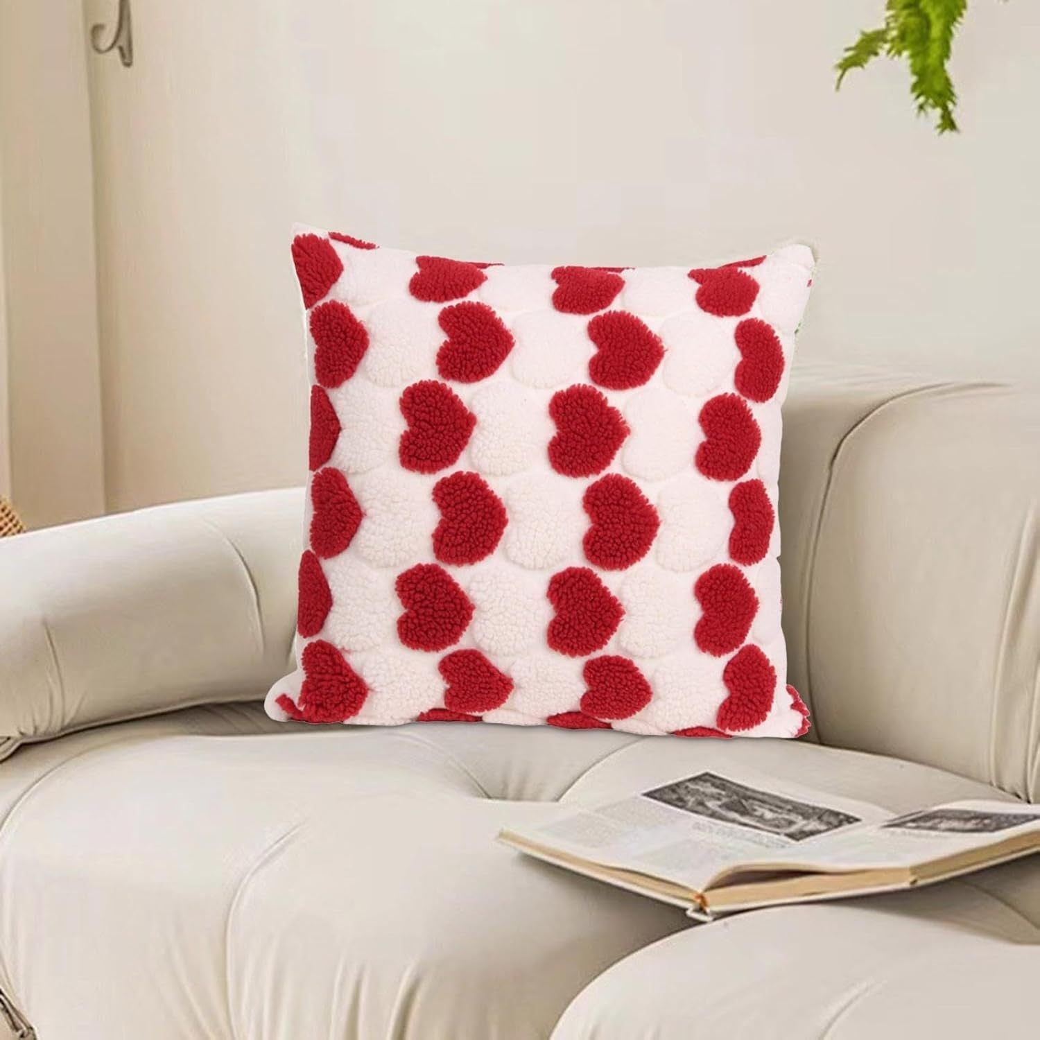 Shopi Vella heart decorative cushion covers 18x18 white with red heart pattern on beige sofa
