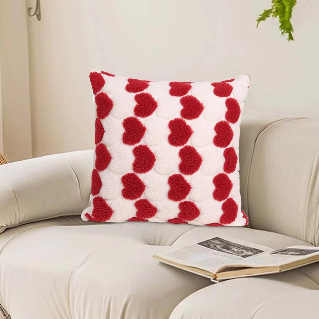 Shopi Vella heart decorative cushion covers 18x18 with red hearts on white background on beige sofa