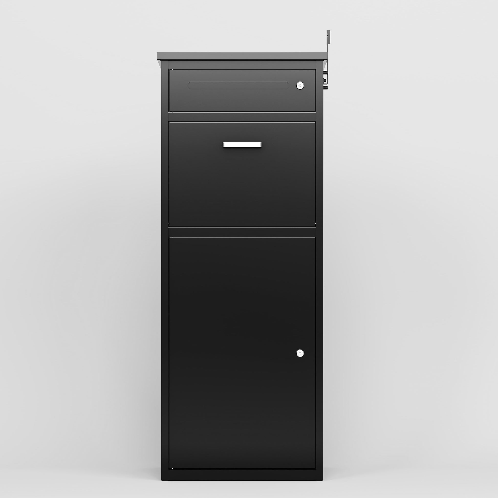 Shopi Vella heavy duty package delivery box in black with secure compartments and lockable doors