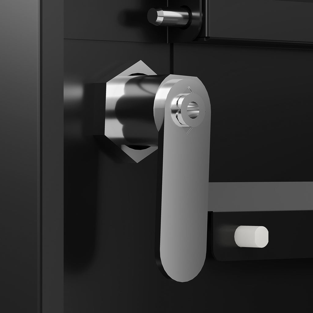 Close-up of a silver locking handle on a heavy duty package delivery box by Shopi Vella