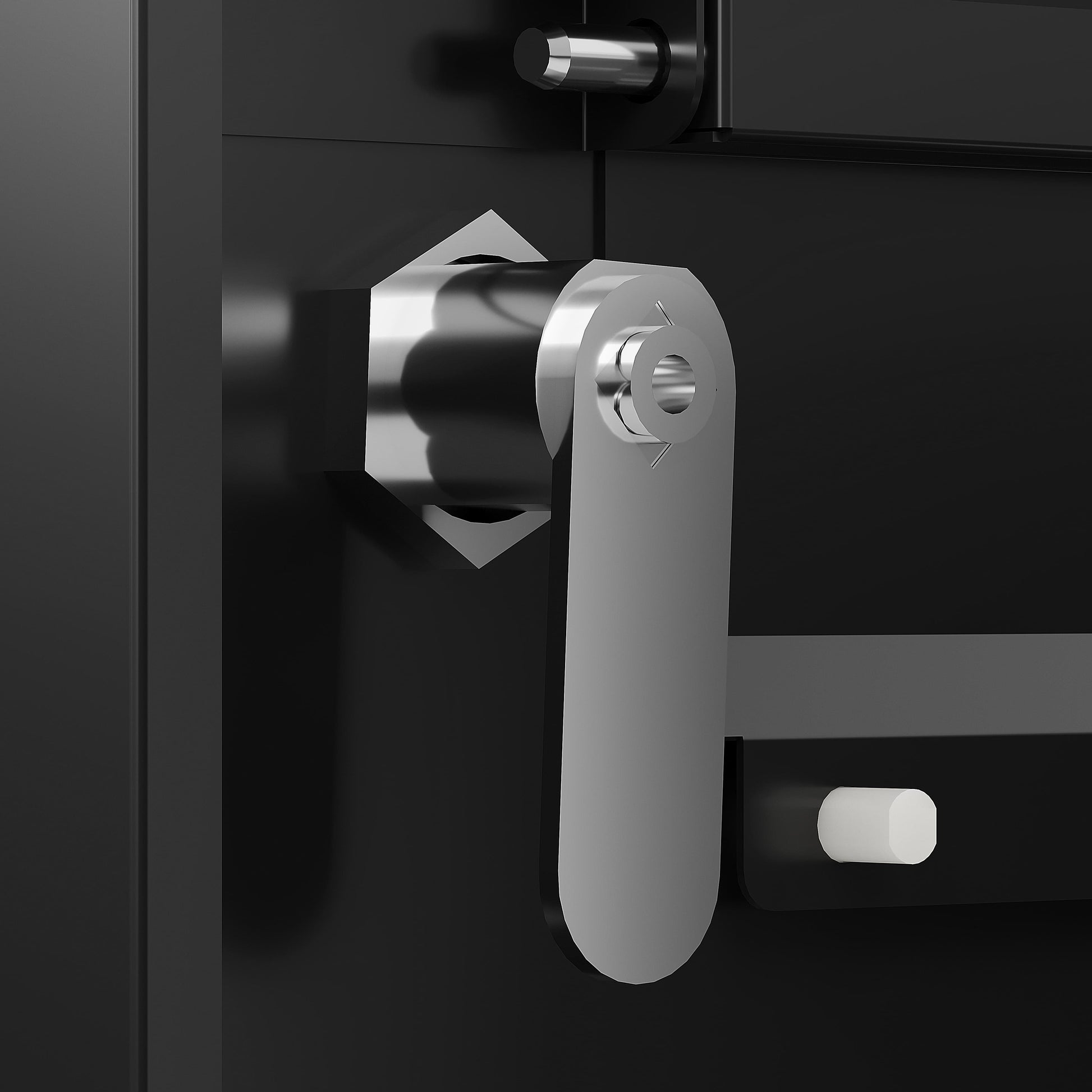 Close-up of a silver locking handle on a heavy duty package delivery box by Shopi Vella