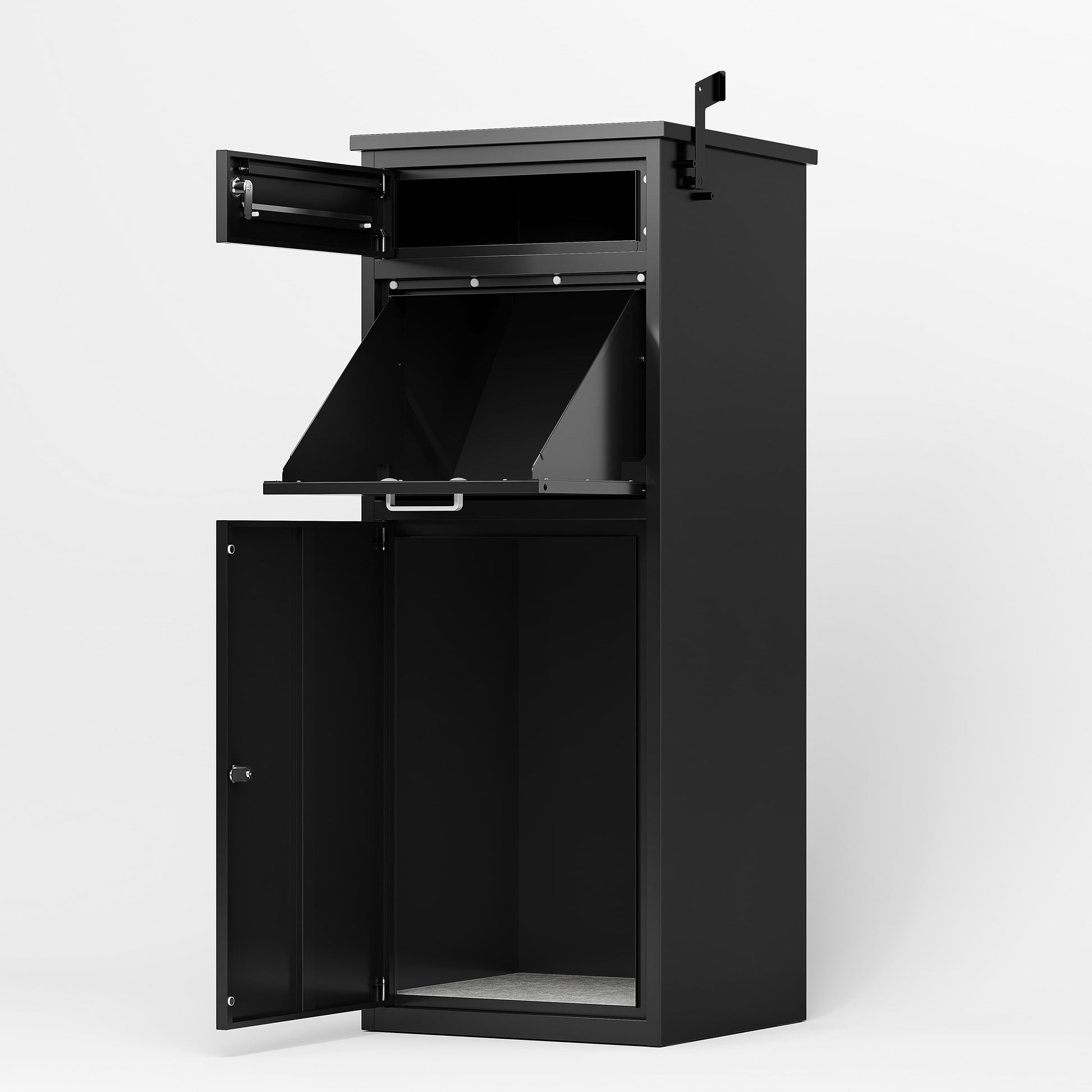 Shopi Vella heavy duty package delivery box in black metal with multiple secured compartments