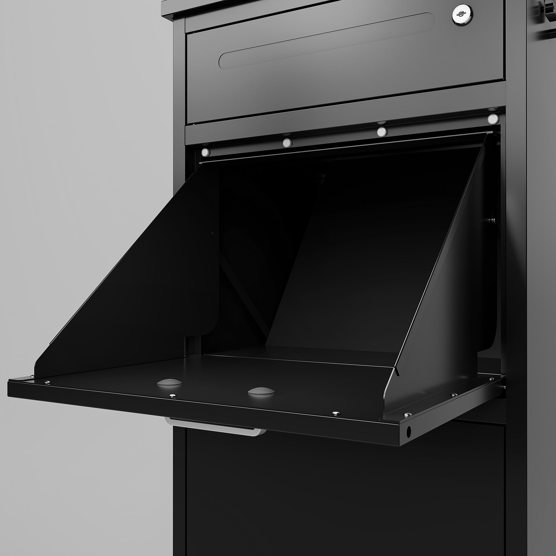 Shopi Vella heavy duty package delivery box in black metal with secure locking and fold-out design