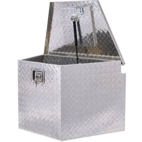 Shopi Vella heavy duty truck bed storage box made of diamond plate aluminum with lockable lid open