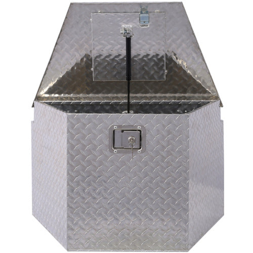 Shopi Vella heavy duty truck bed storage box with diamond plate metal and lockable lid open